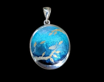 Cloisonné Enamel Pendant Necklace: 24k Gold Leaf, Sky Blue Gradient