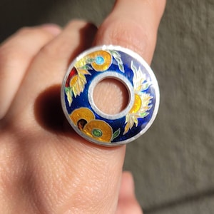 Van Gogh sunflowers statement ring, cloisonne enamel jewelry, silver hot enamel ring, gift for her, handmade, wearable art