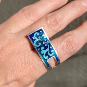 Wave shape blue ornament statement ring, cloisonne enamel jewelry, silver hot enamel ring, gift for her, handmade