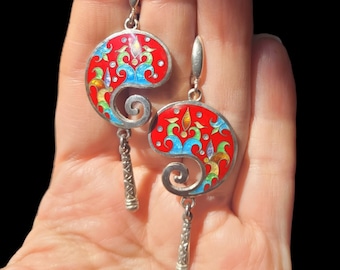 Paisley shaped multicolour dangle earrings with Oriental ornament, cloisonne enamel earrings, red earrings, for her, vitreous enamel
