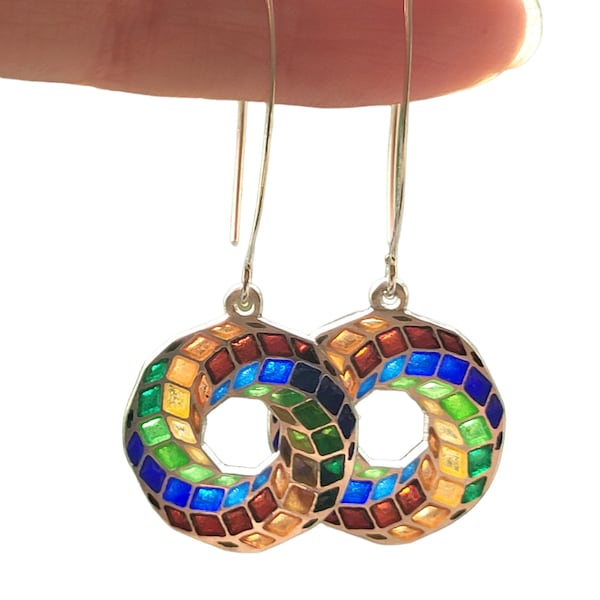 Transparent multicolour plique-a-jour sterling silver hot enamel earrings, optical illusion, vitreous enamel, wearable art, stained glass