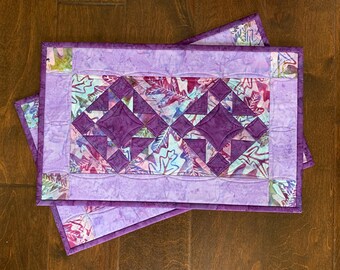 Quilted Purple Cotton Placemats, Set of 2, Floral Table Decor