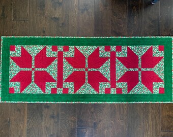 Quilted Christmas Table Runner, 52" x 20.25", Red Holly Cotton Holiday Decor