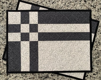 Two Black and Gray Quilted Placemats, Father&#39;s Day home decor, Year Round Placemats, Black and White, Housewarming Gift, 19&quot; x 14&quot;
