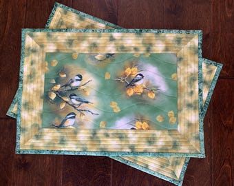 Set of Two Quilted Placemats, Chickadee Home Decor, Birthday Gifts, Christmas Gifts, Housewarming Gift, Birds, Spring, 19&quot; x 13&quot;