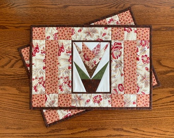 Two Quilted Floral Placemats, Spring Placemats, Floral Placemats, Red and Ivory Placemats, Quilted Table Linen, Home Decor, 19&quot; x 13&quot;