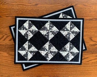 Two Quilted Black and Gray Pinwheel Placemats, Quilted Placemats, Housewarming Gift, Mother&#39;s Day, Hostess Gift, Anniversary, 18&quot; x12-1/2&quot;