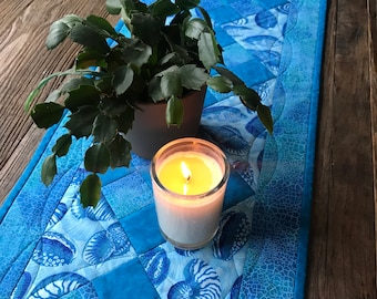 Quilted Table Runner/ Blue Seashell Table Runner / Handmade / 47x14"