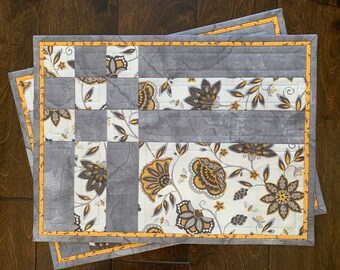 Quilted Cotton Placemats, Gray and Yellow Floral Decor, Set of 2