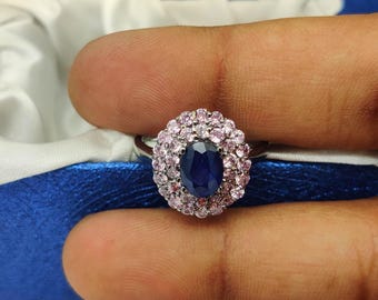 Blue Sapphire Ring: 925 Sterling Silver Cluster Ring with Pink Zirconia