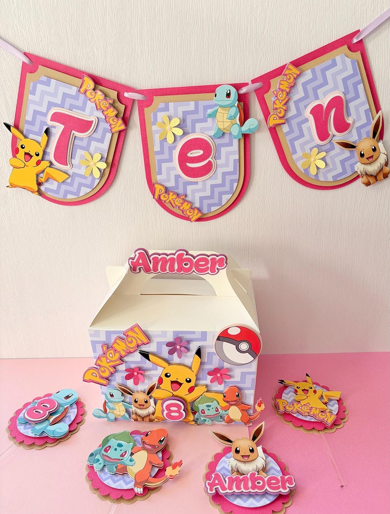 Pokemon cake topper shaker, Pink Pokémon cake topper, pikachu decor, gaming party decoration , kawaii topper, Pink gaming cake decor image 4