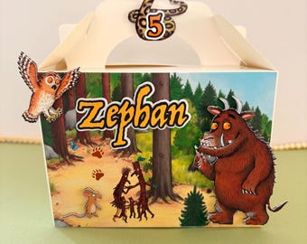 The Gruffalo personalise party box, the Gruffalo theme box, Gruffalo gable box, kids Gruffalo party party bag, green favour bag, woodland
