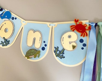 One high chair banner under the sea. First birthday garland. Party decorations. Under the sea creature baby boy