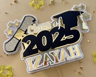 Topper Per Torta Di Laurea Glitter Oro E Nero 2024 - Decorazione Congrats Grad In Cartoncino Per Festa Diploma