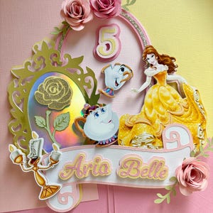 Decorazione per torta a forma di principessa, decorazione per torta ispirata a La bella e la bestia, decorazione per torta di Belle, decorazione per torta della principessa Belle, principessa rosa Belle