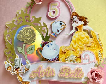 Princess cake topper shaker, inspired beauty and the beast cake topper,  Belle cake topper, Princess Belle cake topper, pink princess Belle