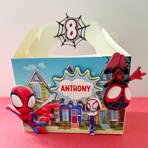 Boîte de fête Spidey personnalisée, boîte de fête araignée, boîte de friandises pour enfants Spidey, boîte à pignon Spidey et ses incroyables amis, boîte de fête sur le thème de l'araignée