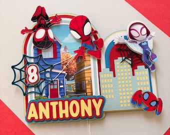 Decorazione per torta a forma di Spidey e i suoi fantastici amici, decorazione per torta personalizzata a forma di Spidey, decorazione a forma di ragno blu, decorazione per festa a forma di ragno, decorazione a forma di ragno.