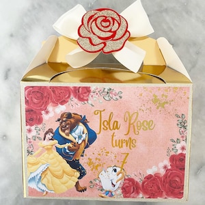 Caja de regalo personalizada para fiesta infantil de La Bella y la Bestia, caja de regalo, caja de regalo de Bella, caja de regalo para fiesta de cumpleaños, lonchera para fiesta, decoración roja