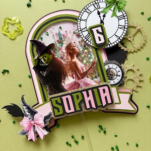 Wicked inspired cake topper shaker, Wicked musical cake topper, Pink Wicked topper, Green princess glitter decoration topper Birthday Party.