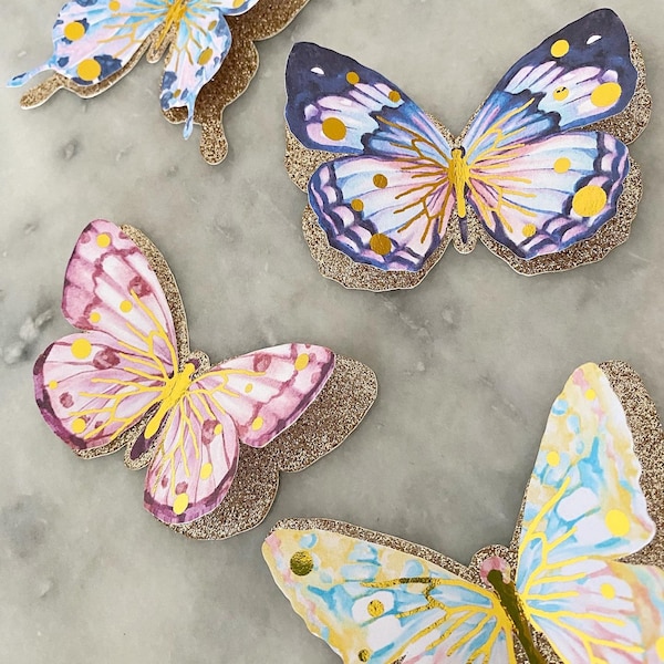 3D Butterflies pack of 12, pastel glitter gold colours Party table decoration, baby shower decor, birthday party decoration, butterfly decor