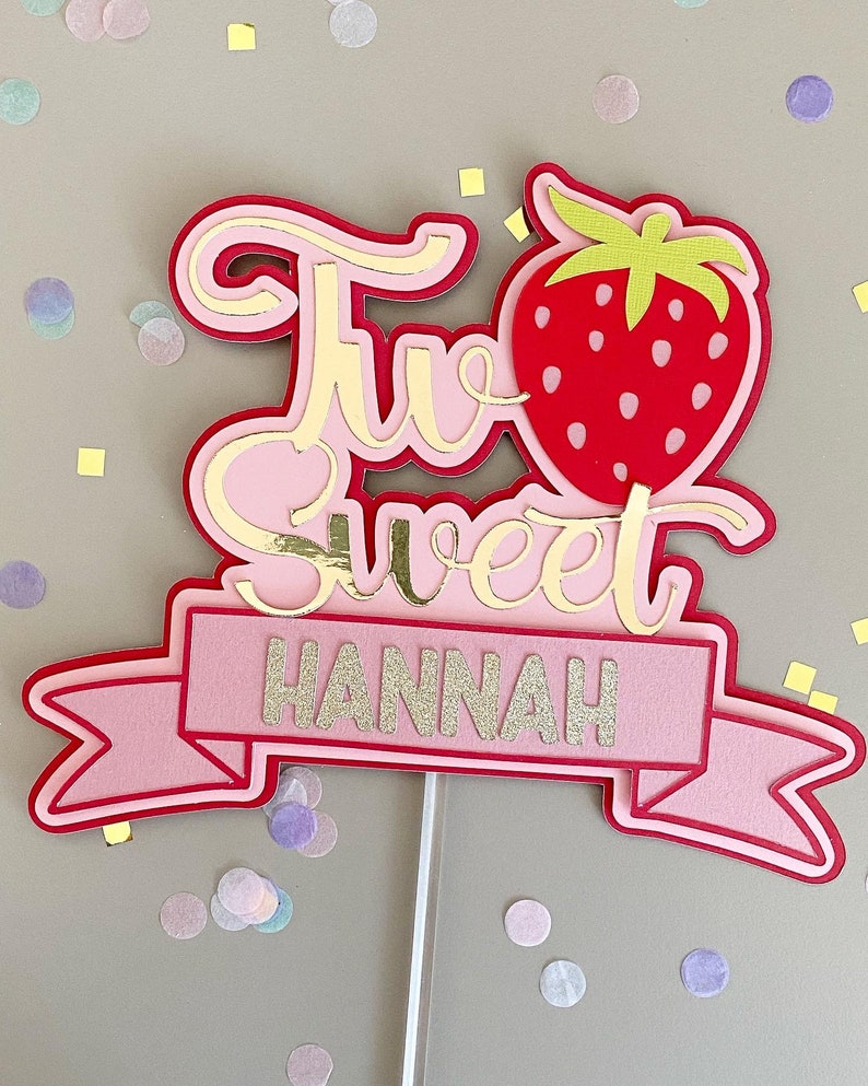 Personalised sweet strawberry cake topper two topper decor Gold glitter decoration topper Birthday Party Two sweet customise