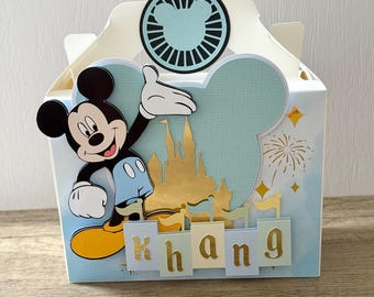 Pudełko na prezent z personalizacją Myszki Minnie, pudełko na upominki z Myszką Miki, niebieska torebka na przyjęcie z Myszką Miki, pudełko na upominki z Myszką Miki, niebieskie pudełko z Myszką Miki