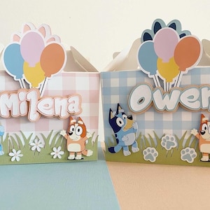 Boîte de fête à personnaliser chien bleu, boîte à thème chien bleu, boîte à thème chien rose, boîte de fête d'anniversaire, boîte à lunch de fête, sac de cadeaux bleu, personnage de chien