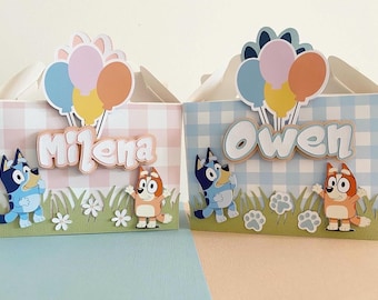 Blue dog personalise party box, blue dog theme box,  pink dog them box, Birthday party  box, party lunch box, blue favour bag, dog character