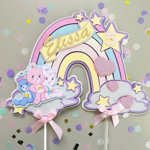 Personalised care bear pastel cake topper, customised bear decoration, Pink heart topper, Gold glitter decoration topper Birthday Party.