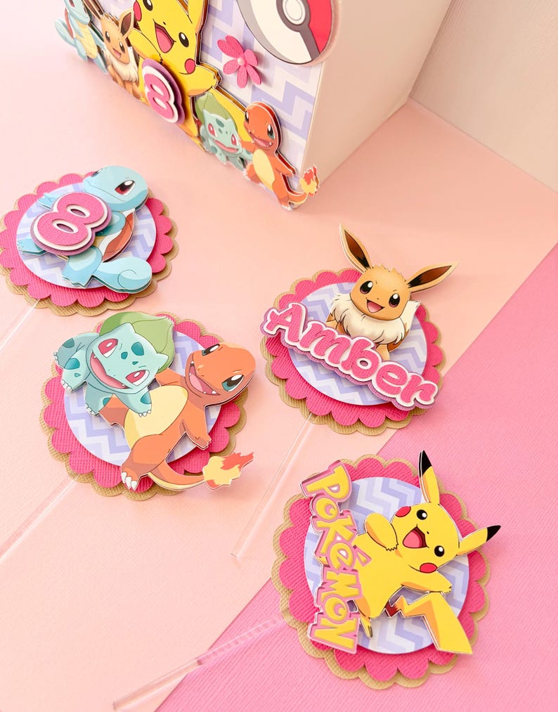 Pokemon cake topper shaker, Pink Pokémon cake topper, pikachu decor, gaming party decoration , kawaii topper, Pink gaming cake decor image 6