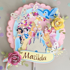 Personalised princess pastel cake topper shaker, customised princess castle, Pink topper, Gold glitter decoration topper Birthday Party.