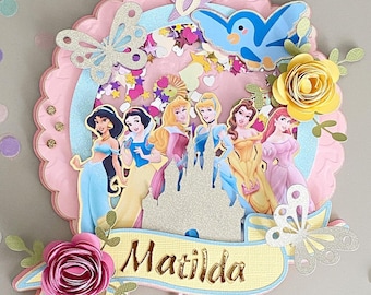 Adorno para tarta de princesa pastel personalizado, castillo de princesa personalizado, adorno rosa, adorno decorativo con purpurina dorada para fiesta de cumpleaños.
