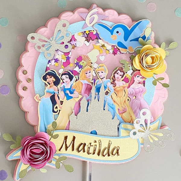 Gepersonaliseerde prinses pastel cake topper shaker, op maat gemaakt prinsessenkasteel, roze topper, gouden glitter decoratie topper verjaardagsfeestje.