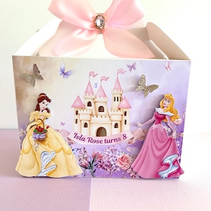 Kinder Prinzessin personalisieren Party Box, Disney Prince Box, Belle Party Box, Aurora Party Box, Belle Aurora Disney Giebelbox, Disney Tasche