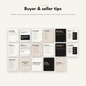 May include: A collection of 26 digital pages titled Buyer & seller tips, featuring checklists, myths, closing costs, and timelines. The cards are displayed in a grid with black, white, and beige backgrounds, containing text about real estate.