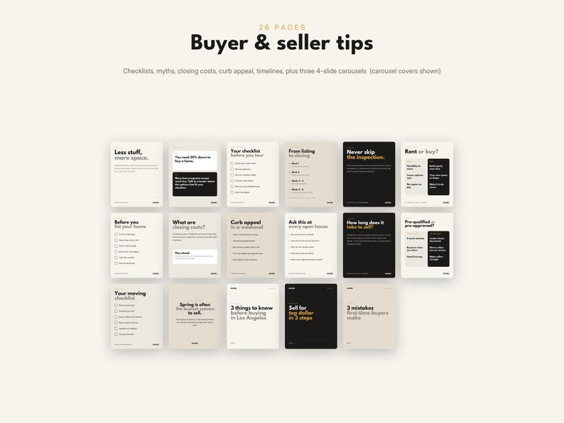 May include: A collection of 26 digital pages titled Buyer & seller tips, featuring checklists, myths, closing costs, and timelines. The cards are displayed in a grid with black, white, and beige backgrounds, containing text about real estate.