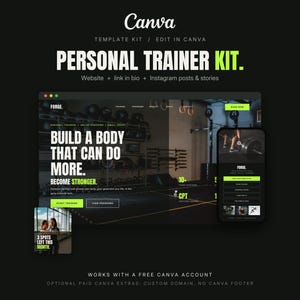 May include: A digital template kit for personal trainers featuring a website layout and social media graphics. The design uses a black background with lime green accents and white text, including the phrases Personal Trainer Kit and Build a Body.