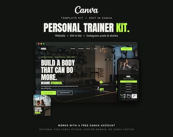 May include: A digital template kit for personal trainers featuring a website layout and social media graphics. The design uses a black background with lime green accents and white text, including the phrases Personal Trainer Kit and Build a Body.