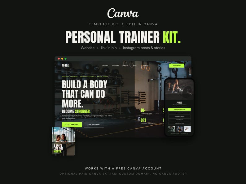 May include: A digital template kit for personal trainers featuring a website layout and social media graphics. The design uses a black background with lime green accents and white text, including the phrases Personal Trainer Kit and Build a Body.