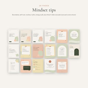 Puede incluir: Una colecci&oacute;n de 26 plantillas digitales para redes sociales tituladas Mindset tips, con fondos en tonos pastel suaves como crema, melocot&oacute;n, verde salvia y amarillo. Cada gr&aacute;fico cuadrado contiene texto, formas geom&eacute;tricas y listas.