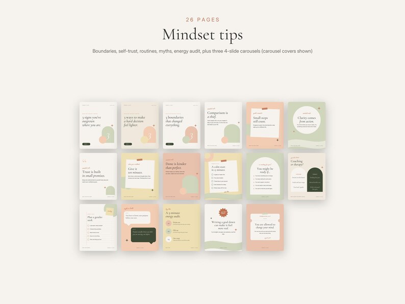 Puede incluir: Una colecci&oacute;n de 26 plantillas digitales para redes sociales tituladas Mindset tips, con fondos en tonos pastel suaves como crema, melocot&oacute;n, verde salvia y amarillo. Cada gr&aacute;fico cuadrado contiene texto, formas geom&eacute;tricas y listas.