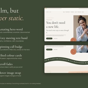 May include: A website design showcase on a dark green background featuring the text Calm, but never static. It lists six interactive features including a rotating hero word, a wavy moving text band, a spinning call badge, tilted color cards, scroll fades, and a hover image swap, with two website interface previews.