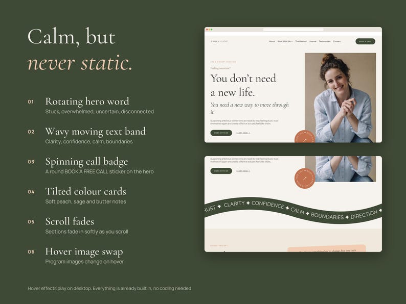 May include: A website design showcase on a dark green background featuring the text Calm, but never static. It lists six interactive features including a rotating hero word, a wavy moving text band, a spinning call badge, tilted color cards, scroll fades, and a hover image swap, with two website interface previews.