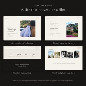May include: A digital presentation of a website design titled Signature Motion, A site that moves like a film. It displays four interface layouts featuring wedding photography, text lists, numerical statistics, and interactive hover effects.