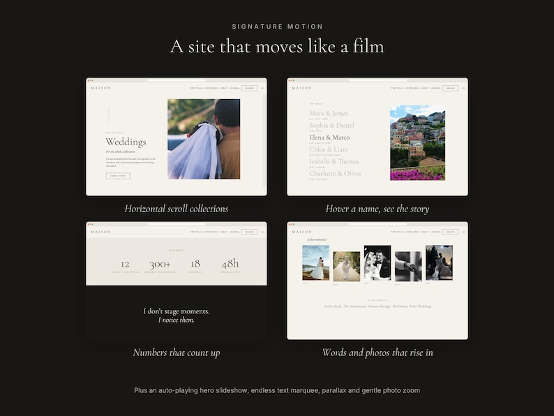 May include: A digital presentation of a website design titled Signature Motion, A site that moves like a film. It displays four interface layouts featuring wedding photography, text lists, numerical statistics, and interactive hover effects.