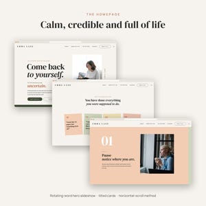 May include: A website design mockup featuring three overlapping browser windows for Emma Lane. The screens display text including Come back to yourself, You have done everything you were supposed to do, and 01 Pause notice where you are.