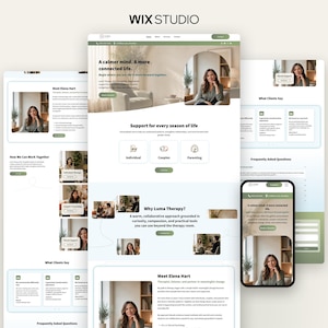 May include: A digital mockup of a website design for Luma Therapy displayed on multiple screen sizes including desktop and mobile. The layout features a green and white color scheme with text headers, service categories, and professional photography.