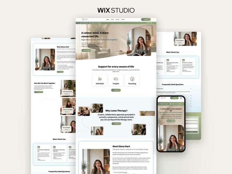 Pode incluir: Um mockup digital de um design de site para Luma Therapy exibido em v&aacute;rios tamanhos de tela, incluindo desktop e celular. O layout apresenta um esquema de cores verde e branco com cabe&ccedil;alhos de texto, categorias de servi&ccedil;o e fotografias.