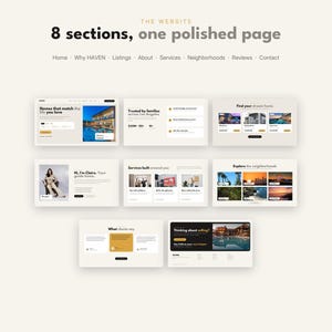 May include: A website layout template featuring the text 8 sections, one polished page and a navigation menu with Home, Why HAVEN, Listings, About, Services, Neighborhoods, Reviews, and Contact. Eight distinct web page section designs are displayed.